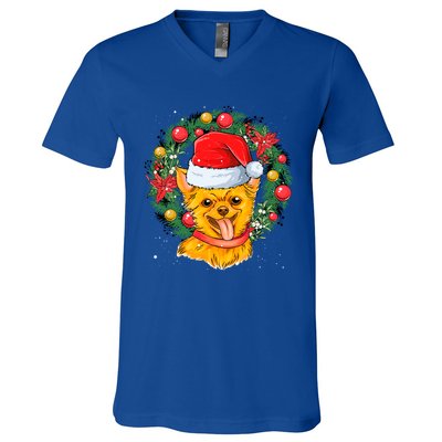 Christmas Santa Dog Backprint Design Xmas Pyjamas Chihuahua Gift V-Neck T-Shirt