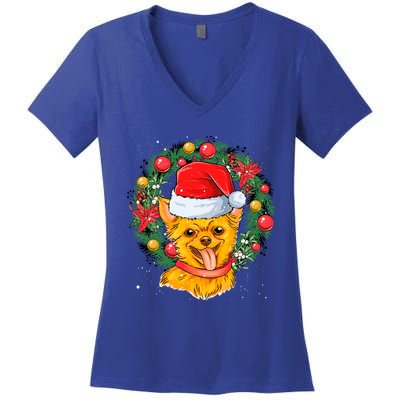 Christmas Santa Dog Backprint Design Xmas Pyjamas Chihuahua Gift Women's V-Neck T-Shirt