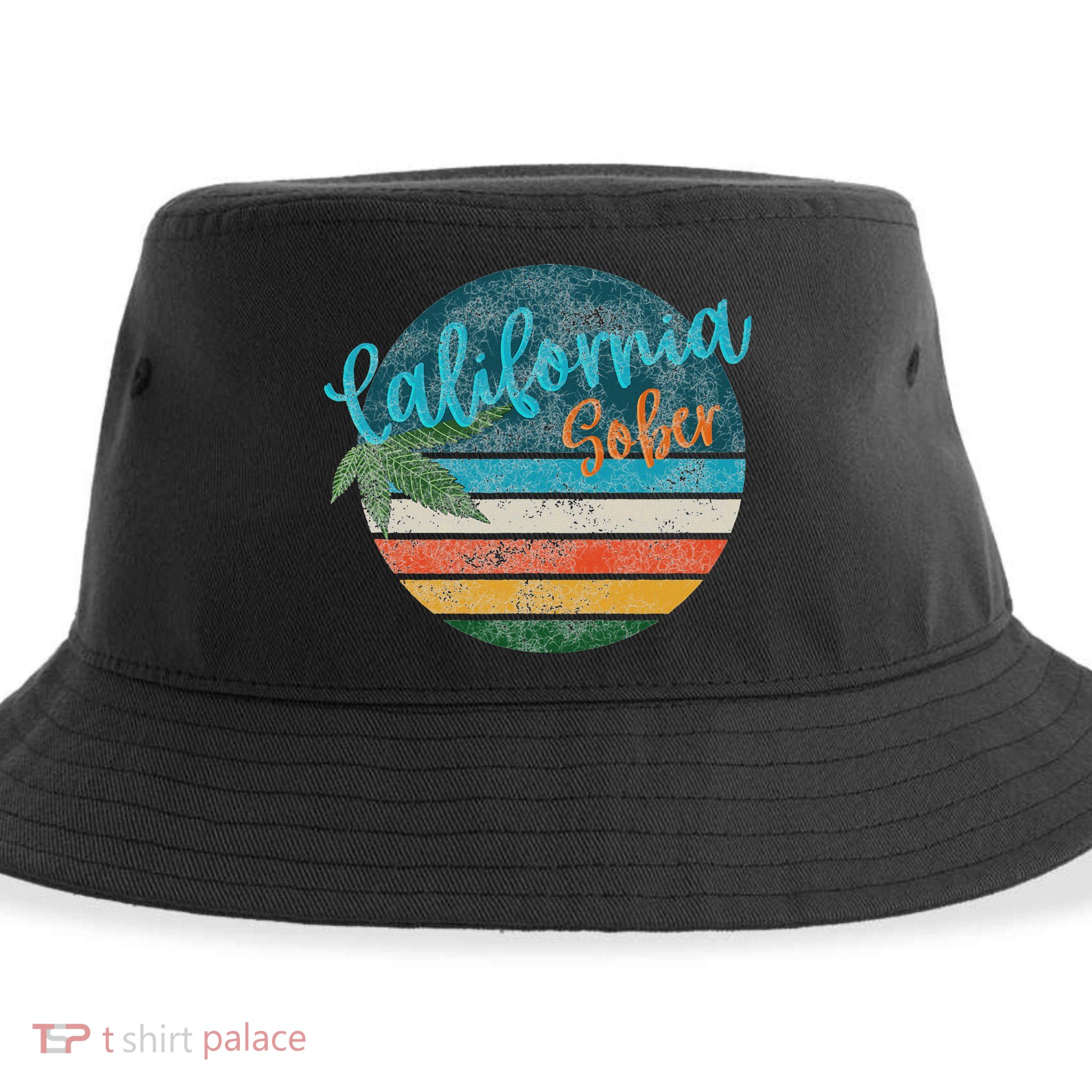 California Sober Distressed Graphic With Vintage Sunset Sustainable Bucket Hat