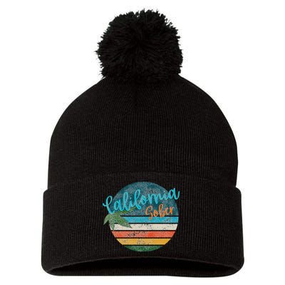 California Sober Distressed Graphic With Vintage Sunset Pom Pom 12in Knit Beanie