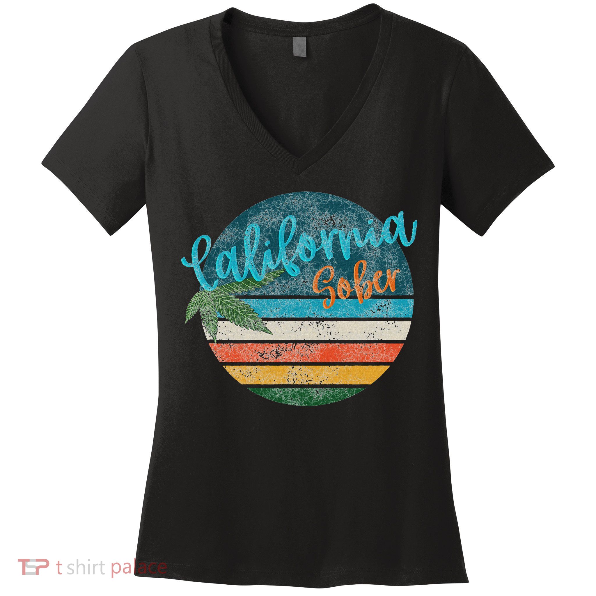 California Sober Distressed Graphic With Vintage Sunset Women's V-Neck T-Shirt