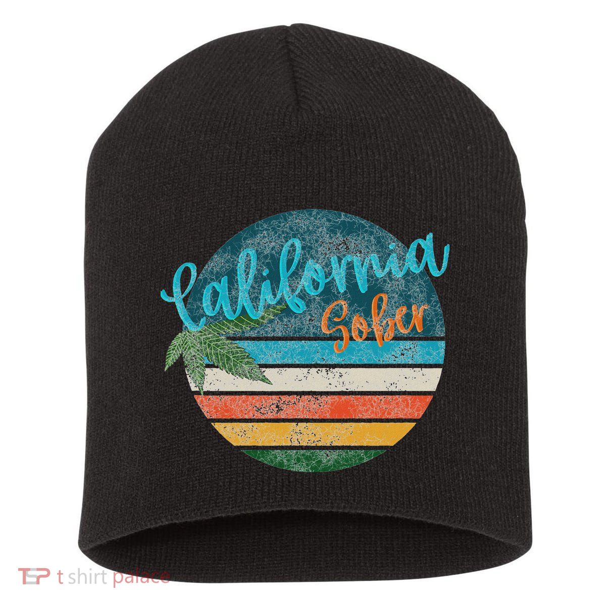 California Sober Distressed Graphic With Vintage Sunset Short Acrylic Beanie