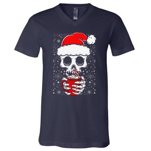 Christmas Skeleton Drinks Cocoa Santa Claus Skeleton V-Neck T-Shirt