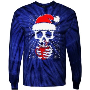 Christmas Skeleton Drinks Cocoa Santa Claus Skeleton Tie-Dye Long Sleeve Shirt