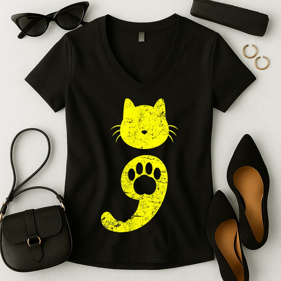 Cat Semicolon Depression Awareness Cat Lover Gift Women's V-Neck T-Shirt