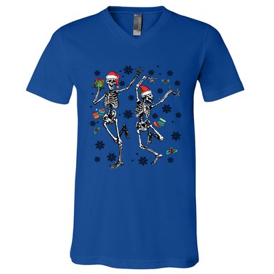 Christmas Skeleton Dancing Christmas Lights Xmas Tree Hat Great Gift V-Neck T-Shirt