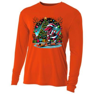 Cool Santa Dinosaur Playing Hockey Christmas Gift Cooling Performance Long Sleeve Crew