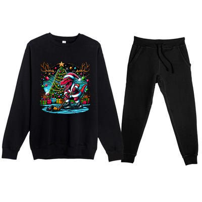 Cool Santa Dinosaur Playing Hockey Christmas Gift Premium Crewneck Sweatsuit Set