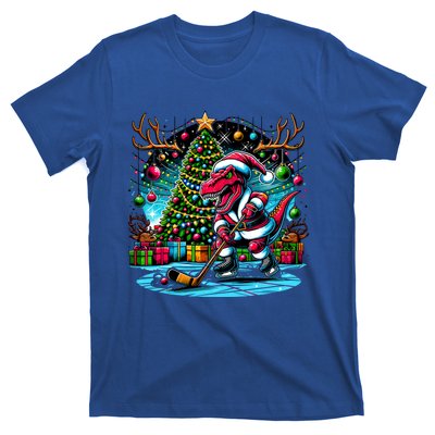 Cool Santa Dinosaur Playing Hockey Christmas Gift T-Shirt