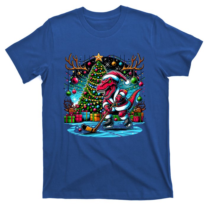 Cool Santa Dinosaur Playing Hockey Christmas Gift T-Shirt