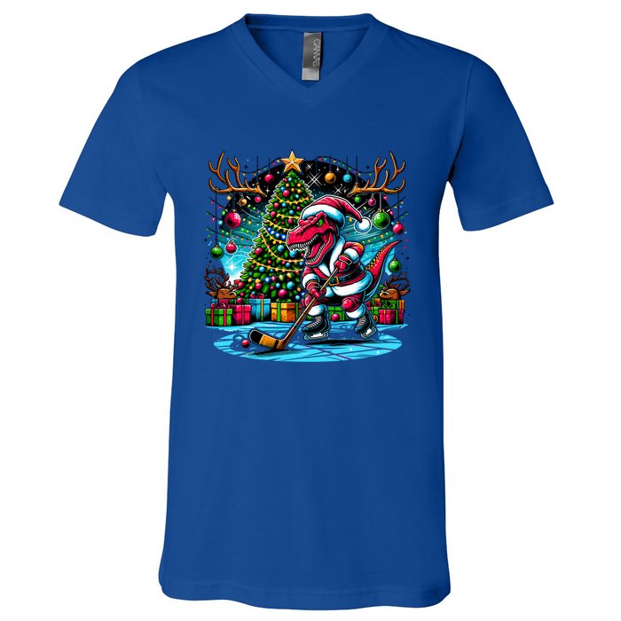 Cool Santa Dinosaur Playing Hockey Christmas Gift V-Neck T-Shirt