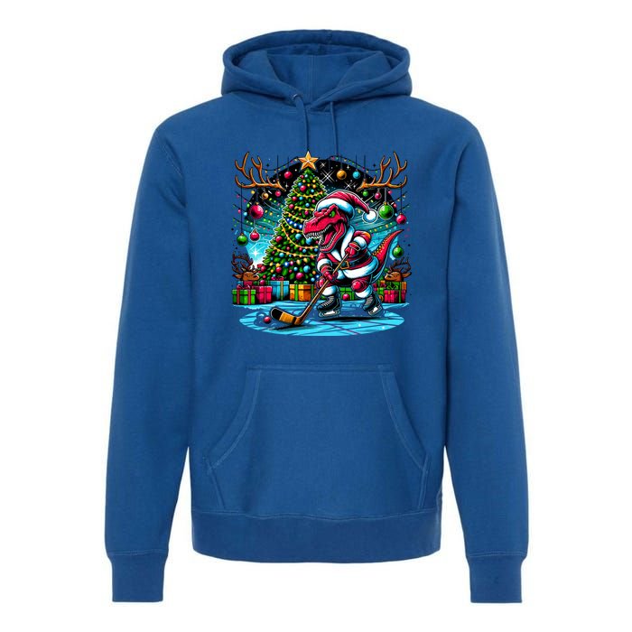 Cool Santa Dinosaur Playing Hockey Christmas Gift Premium Hoodie