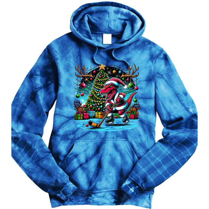 Cool Santa Dinosaur Playing Hockey Christmas Gift Tie Dye Hoodie