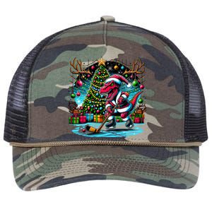 Cool Santa Dinosaur Playing Hockey Christmas Gift Retro Rope Trucker Hat Cap