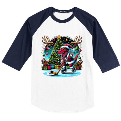 Cool Santa Dinosaur Playing Hockey Christmas Gift Baseball Sleeve Shirt