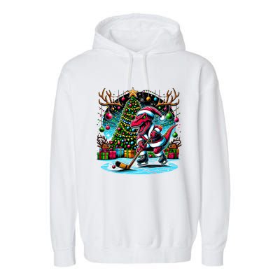 Cool Santa Dinosaur Playing Hockey Christmas Gift Garment-Dyed Fleece Hoodie