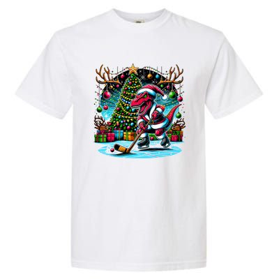 Cool Santa Dinosaur Playing Hockey Christmas Gift Garment-Dyed Heavyweight T-Shirt