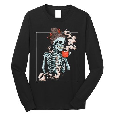 Coffee Skeleton Dead Vintage Distressed Drinking Skull Long Sleeve Shirt