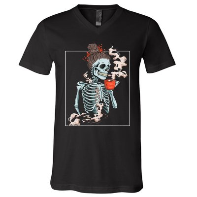 Coffee Skeleton Dead Vintage Distressed Drinking Skull V-Neck T-Shirt