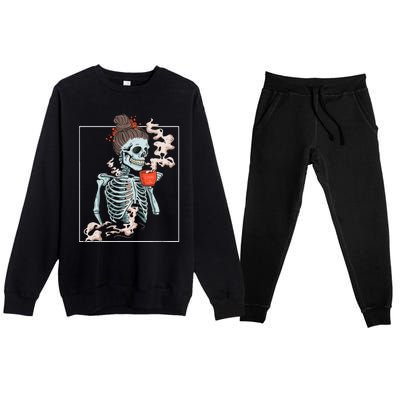 Coffee Skeleton Dead Vintage Distressed Drinking Skull Premium Crewneck Sweatsuit Set