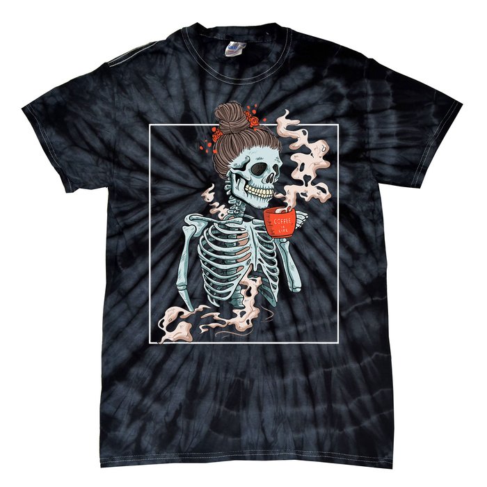 Coffee Skeleton Dead Vintage Distressed Drinking Skull Tie-Dye T-Shirt