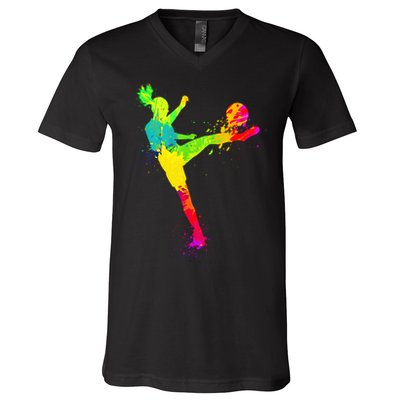 Cool Colorful Soccer Girl Soccer Player V-Neck T-Shirt