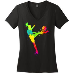 Cool Colorful Soccer Girl Soccer Player Women's V-Neck T-Shirt