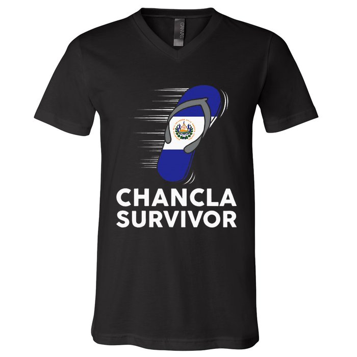 Chancla Survivor El Salvador Funny Salvadoran Flag Spanish V-Neck T-Shirt