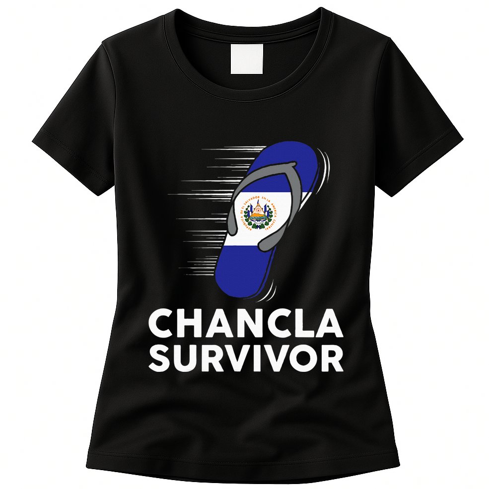 Chancla Survivor El Salvador Funny Salvadoran Flag Spanish Womens T-Shirt