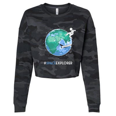 Cool Space Explorer Shuttle Astronaut Earth Cute Gift Cropped Pullover Crew