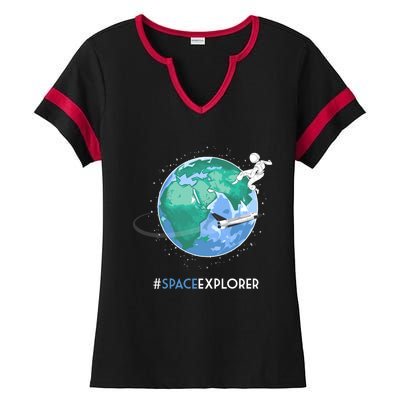 Cool Space Explorer Shuttle Astronaut Earth Cute Gift Ladies Halftime Notch Neck Tee