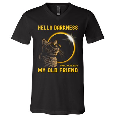 Cat Solar Eclipse Hello Darkness My Old Friend 8 April 2024 V-Neck T-Shirt