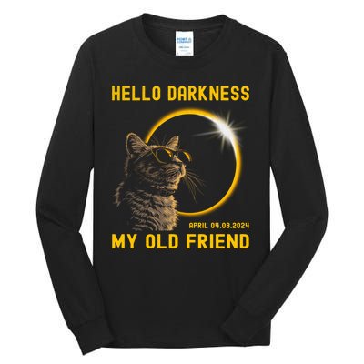 Cat Solar Eclipse Hello Darkness My Old Friend 8 April 2024 Tall Long Sleeve T-Shirt