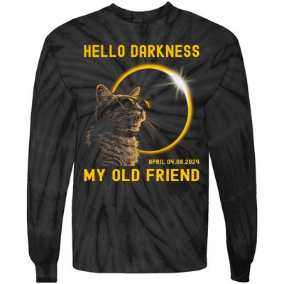 Cat Solar Eclipse Hello Darkness My Old Friend 8 April 2024 Tie-Dye Long Sleeve Shirt