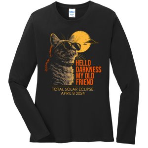 Cat Solar Eclipse Hello Darkness My Old Friend 8 April 2024 Ladies Long Sleeve Shirt