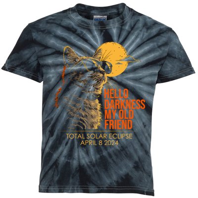 Cat Solar Eclipse Hello Darkness My Old Friend 8 April 2024 Kids Tie-Dye T-Shirt