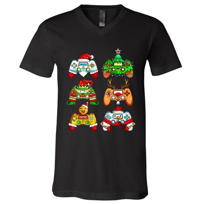 Christmas Santa Elf Gaming Controllers Gamer Xmas V-Neck T-Shirt