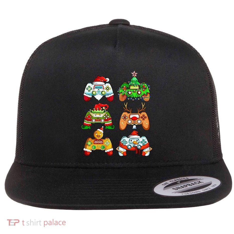 Christmas Santa Elf Gaming Controllers Snowman Flat Bill Trucker Hat