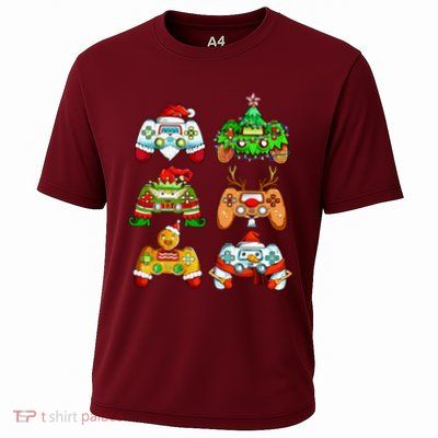 Christmas Santa Elf Gaming Controllers Snowman Cooling Performance Crew T-Shirt