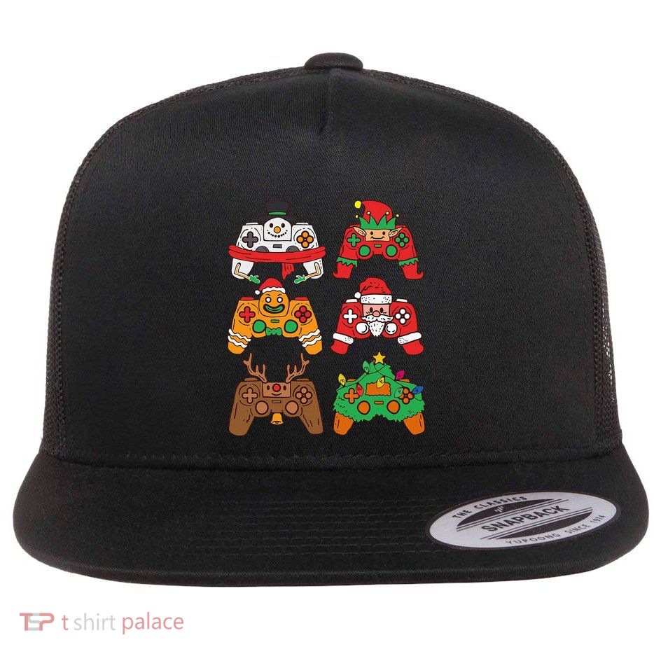 Christmas Santa Elf Gaming Controllers Snowman Flat Bill Trucker Hat