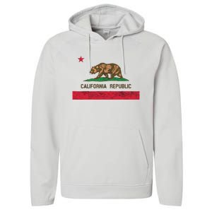 California State Flag Grizzly Bear Cali Distressed Style Performance Fleece Hoodie