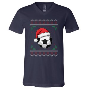 Christmas Santa Football Xmas Ugly Soccer V-Neck T-Shirt