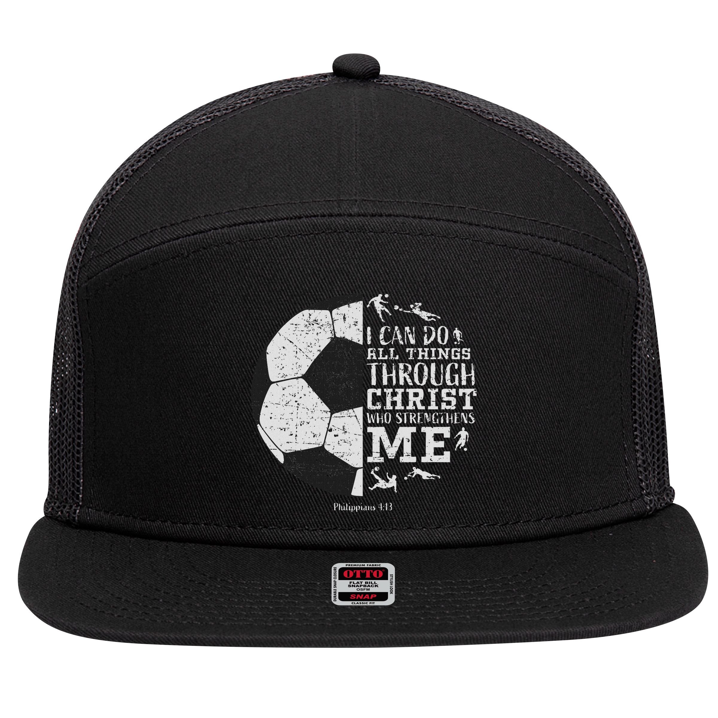 Christian Soccer Faith Bible Verse Philippians 413 7 Panel Mesh Trucker Snapback Hat
