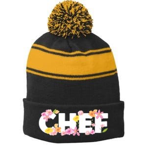 Chef Spring Floral Stripe Pom Pom Beanie