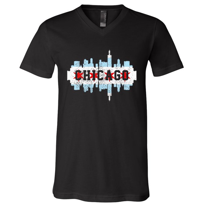 Chicago Skyline Flag City Illinois Souvenir V-Neck T-Shirt