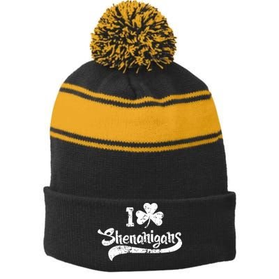 Clover Shenanigans Funny Irish Clover St Saint Patricks Day Stripe Pom Pom Beanie
