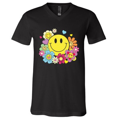 Cute Smile Face Flower Happy Face Flowers Heart V-Neck T-Shirt