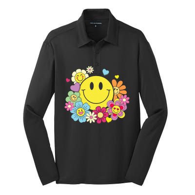 Cute Smile Face Flower Happy Face Flowers Heart Silk Touch Performance Long Sleeve Polo