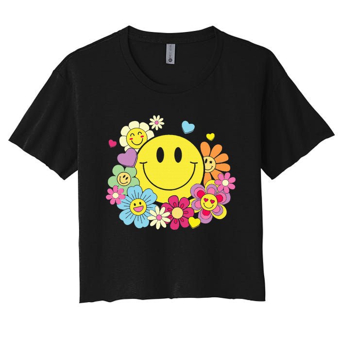 Cute Smile Face Flower Happy Face Flowers Heart Women's Crop Top Tee