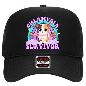 Chlamydia Survivor Funny Cat Sarcastic Inappropriate High Crown Mesh Back Trucker Hat